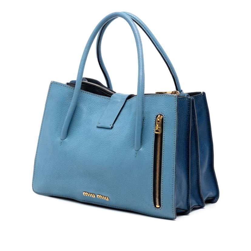 Miu Miu Goatskin Madras Push Lock Tote Blue Leather Very good condition - Back View