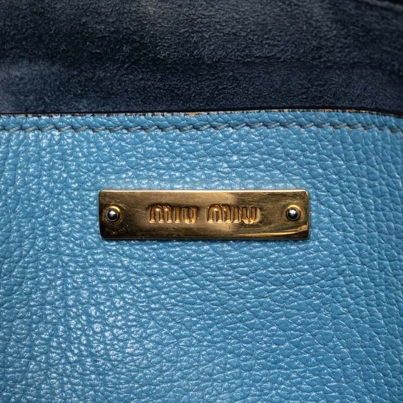 Miu Miu Goatskin Madras Push Lock Tote Blue Leather Very good condition - Box View
