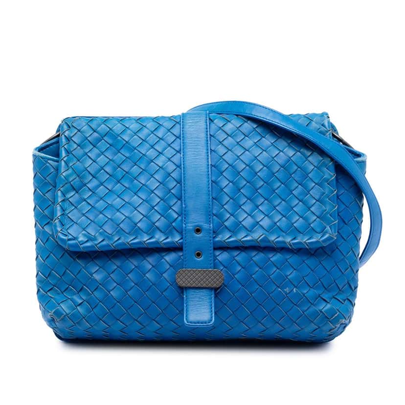 Bottega Veneta Nappa Intrecciato Double Sided Flap Shoulder Bag Blue Leather Very good condition - Front View