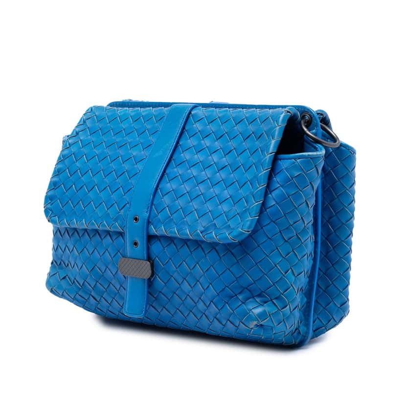 Bottega Veneta Nappa Intrecciato Double Sided Flap Shoulder Bag Blue Leather Very good condition - Back View