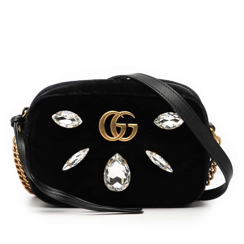 Gucci Mini GG Marmont Crystal Embellished Matelasse Velvet Crossbody Black Very good condition - Front View
