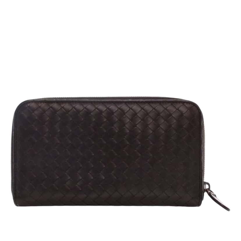 Bottega Veneta Leather Intrecciato Zip Around Wallet Brown Leather Very good condition - Front View