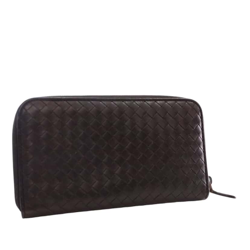 Bottega Veneta Leather Intrecciato Zip Around Wallet Brown Leather Very good condition - Back View