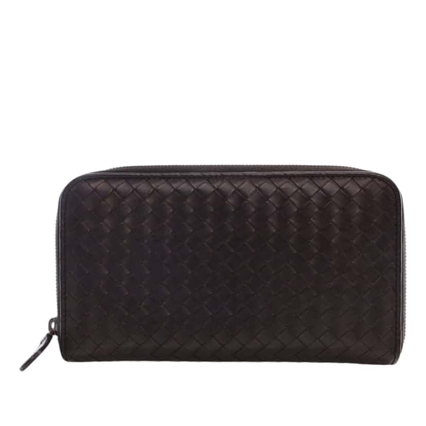 Bottega Veneta Leather Intrecciato Zip Around Wallet Brown Leather Very good condition - Model View