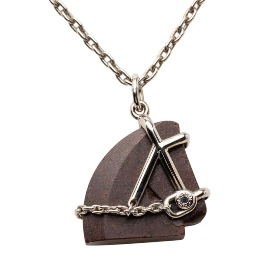 Hermès Palladium Plated Vulcanium Cheval Pendant Necklace Brown Metal Very good condition - Back View