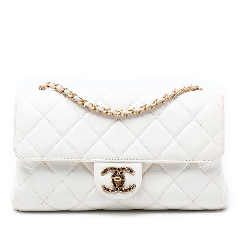 Chanel Small CC Quilted Aged Calfskin Accordion Flap White Leather Good condition - Front View