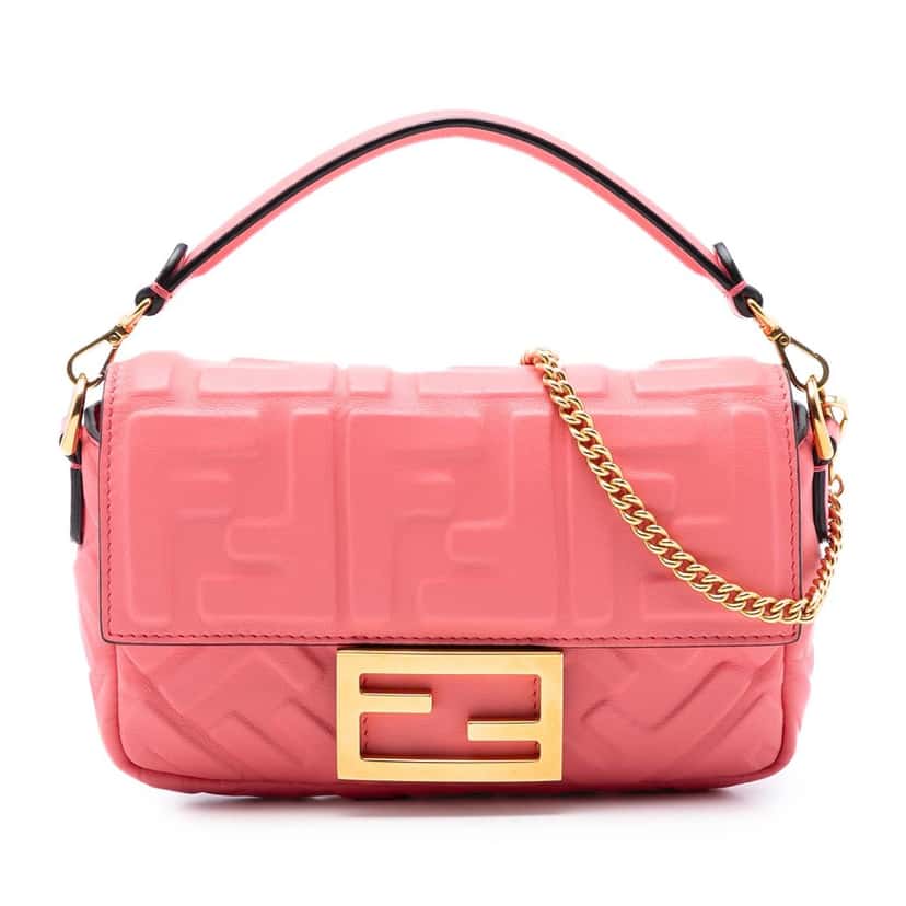Fendi Mini Zucca Embossed Leather Baguette Satchel Pink Leather Very good condition - Front View