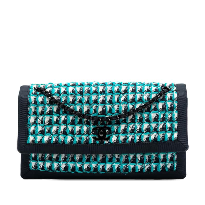 Chanel CC Multicolor Quilted Tweed Accordion Houndstooth Flap Blue Very good condition - Front View