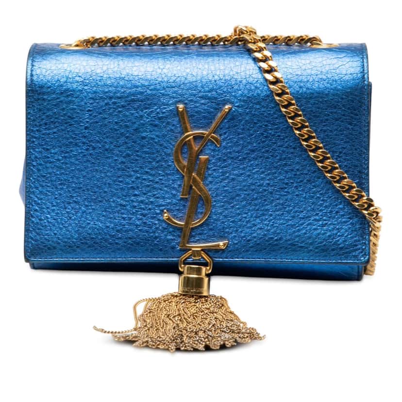 Saint Laurent Small Metallic Calfskin Monogram Kate Tassel Crossbody Blue Leather Very good condition - Front View