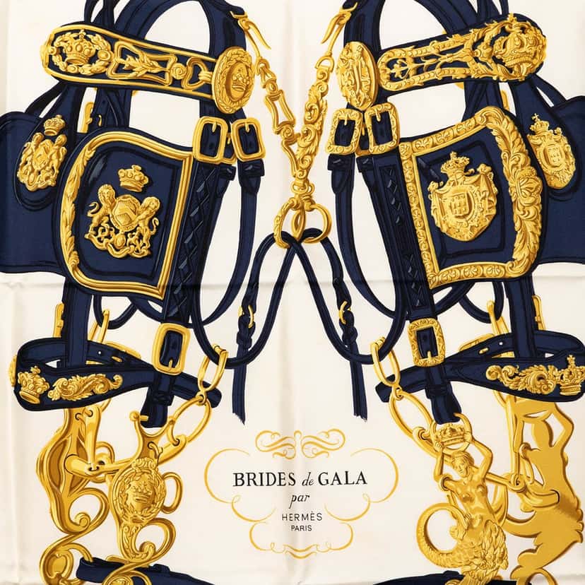 Hermès Brides de Gala Silk Scarf 90 White Very good condition - Back View