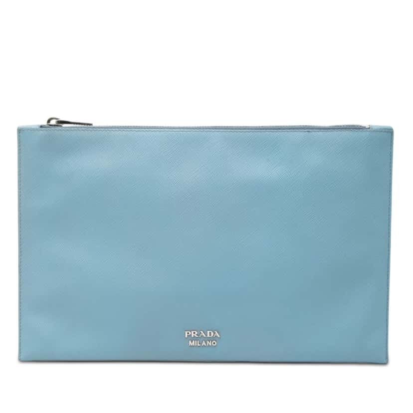 Prada Saffiano Clutch Blue Leather Very good condition - Front View