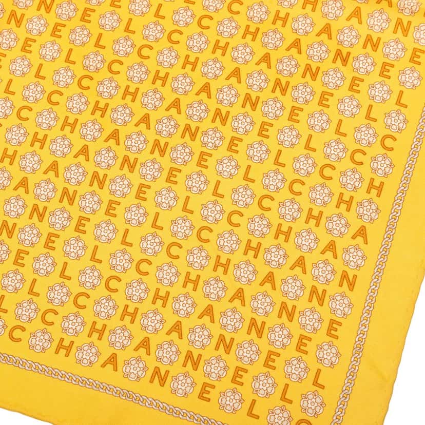 Chanel Camellia Logo Letters Silk Handkerchief Yellow Very good condition - Box View