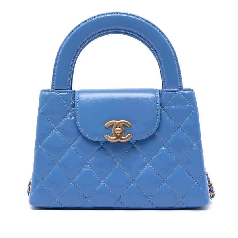 Chanel Nano Aged Calfskin Kelly Shopper Bag Blue Leather Very good condition - Front View