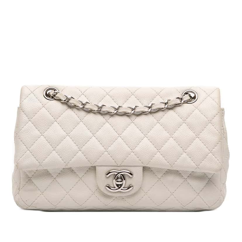 Chanel Medium Classic Caviar Double Flap White Leather Good condition - Front View