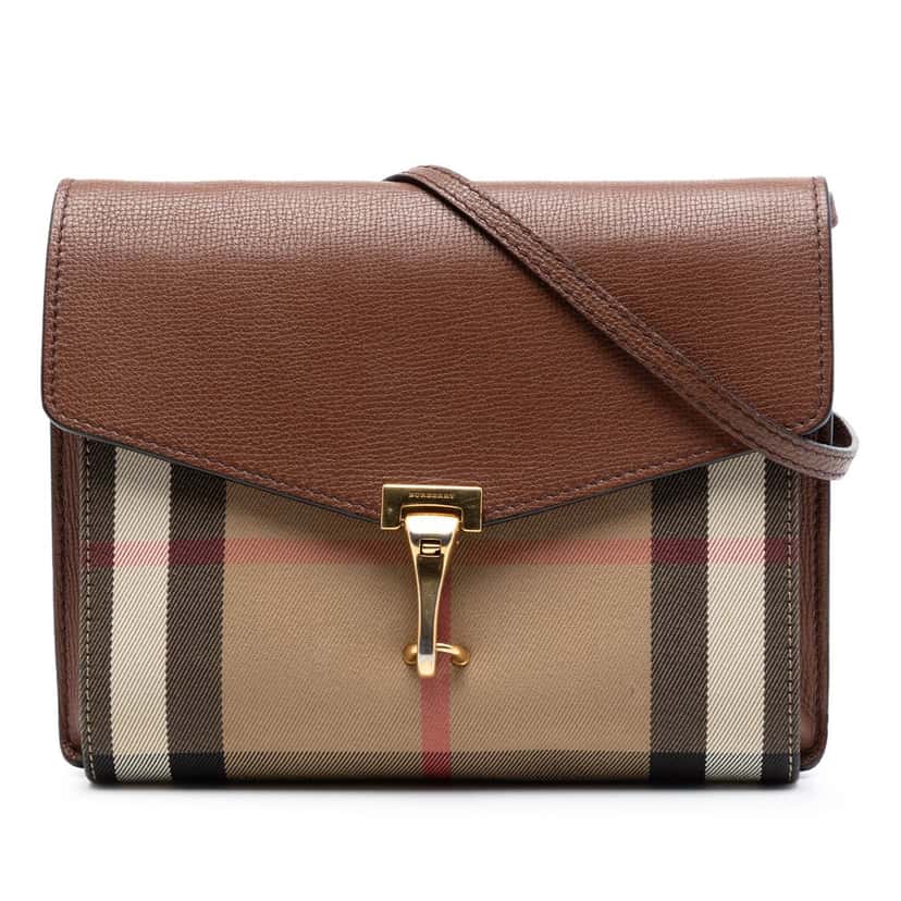 Burberry Small Leather and House Check Canvas Derby Macken Crossbody Brown Very good condition - Front View