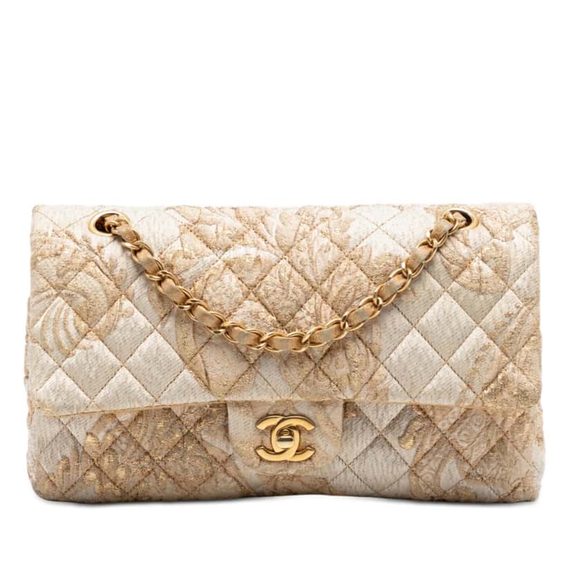 Chanel Medium Classic Embroidered Canvas Double Flap Beige Very good condition - Front View