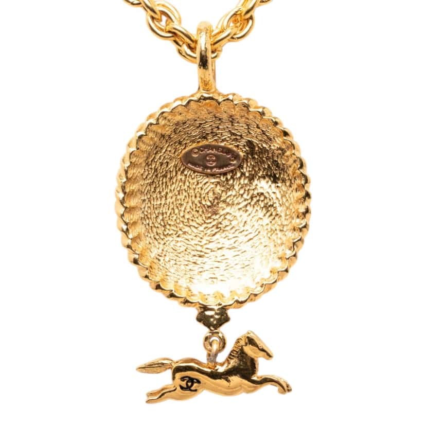 Chanel Gold Plated Double Chain Horse Medallion Pendant Necklace Gold Metal Very good condition - Inside View