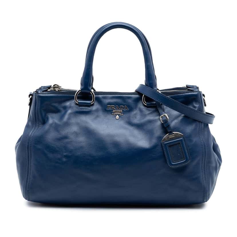 Prada Soft Calf Double Zip Convertible Tote Blue Leather Very good condition - Front View