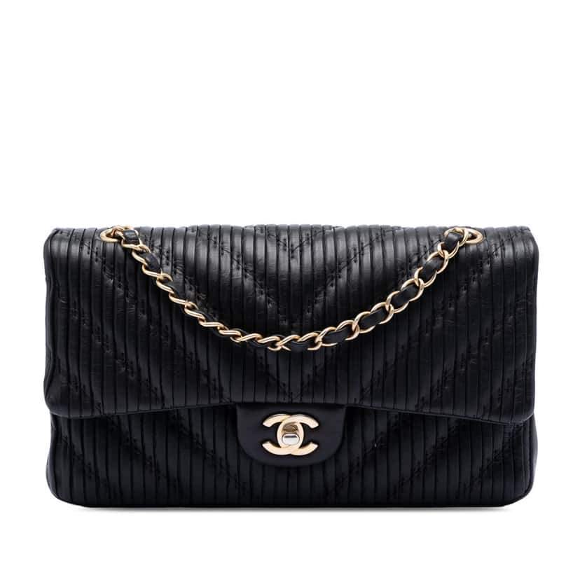 Chanel Medium Classic Chevron Calfskin Pleated Double Flap Black Leather Very good condition - Front View