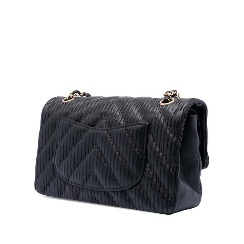 Chanel Medium Classic Chevron Calfskin Pleated Double Flap Black Leather Very good condition - Back View