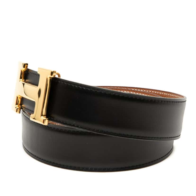 Hermès Box Calf and Courchevel Constance H Reversible Belt Black Leather Very good condition - Back View