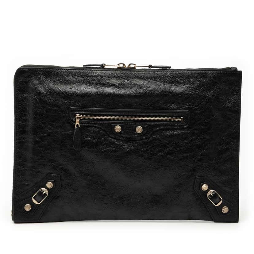 Balenciaga Lambskin Motocross Giant 12 Zip Around Flat Clutch Black Leather Very good condition - Front View