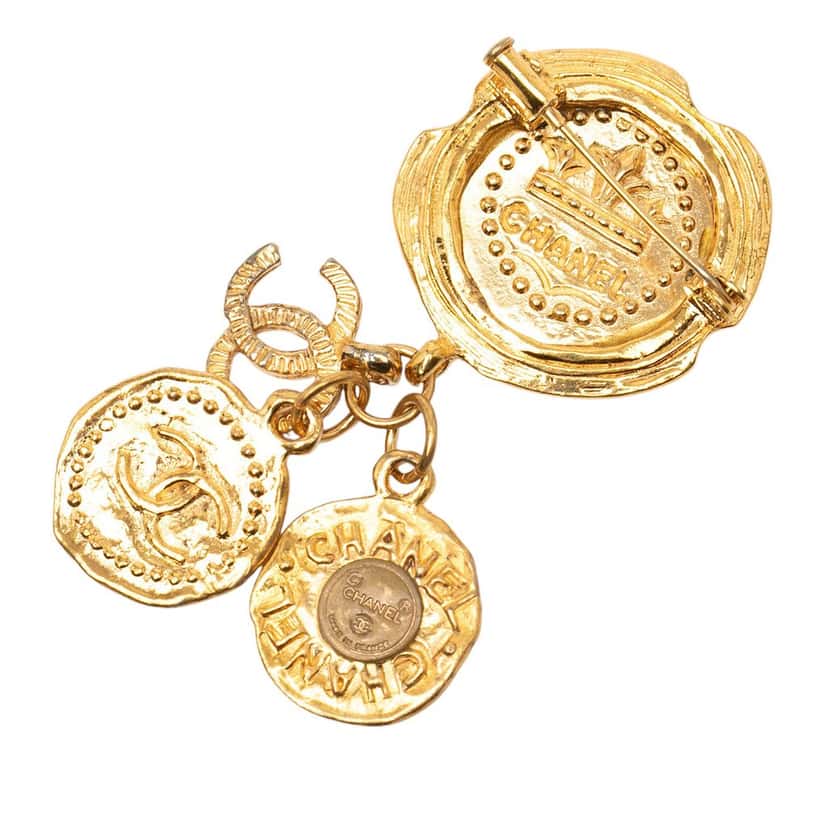 Chanel CC Gold Plated Coin Charm Brooch Gold Metal Very good condition - Back View