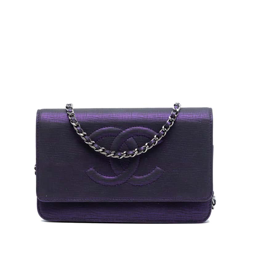 Chanel CC Metallic Crackling Lizard Printed Leather Wallet on Chain Purple Leather Very good condition - Front View