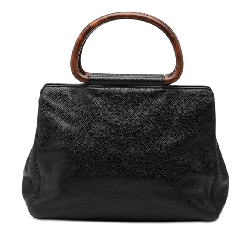 Chanel CC Caviar Wood Top Handle Bag Black Leather Very good condition - Front View