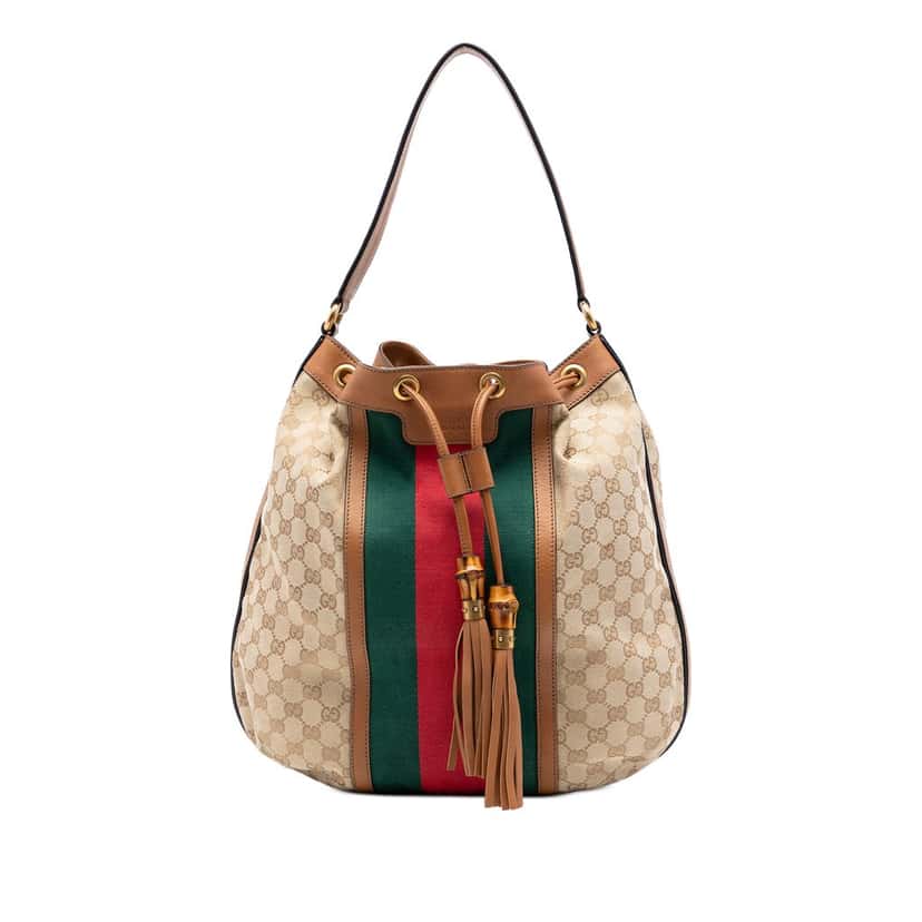 Gucci GG Canvas Web Rania Drawstring Hobo Beige Very good condition - Front View