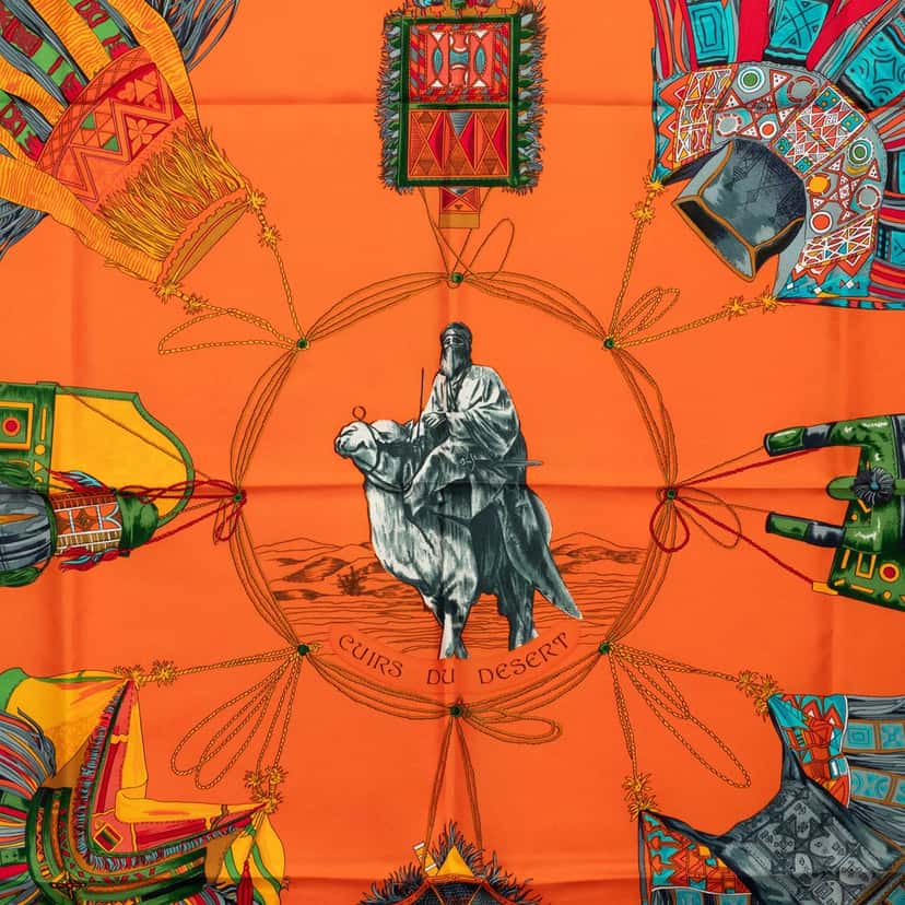 Hermès Cuirs Du Desert Silk Scarf 90 Orange Very good condition - Back View