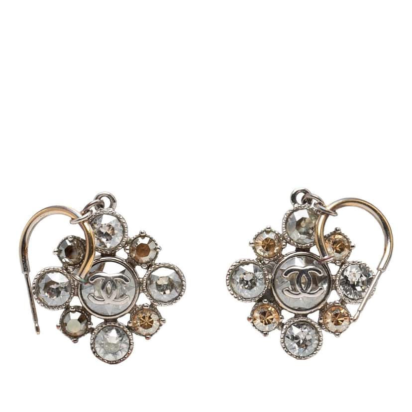 Chanel CC Silver Plated Crystal Rhinestones Dangle Push Back Earrings Silver Metal Very good condition - Front View