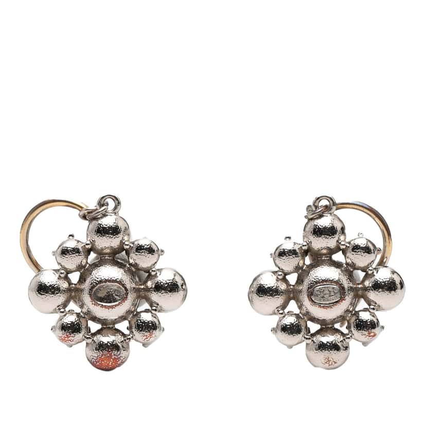 Chanel CC Silver Plated Crystal Rhinestones Dangle Push Back Earrings Silver Metal Very good condition - Back View