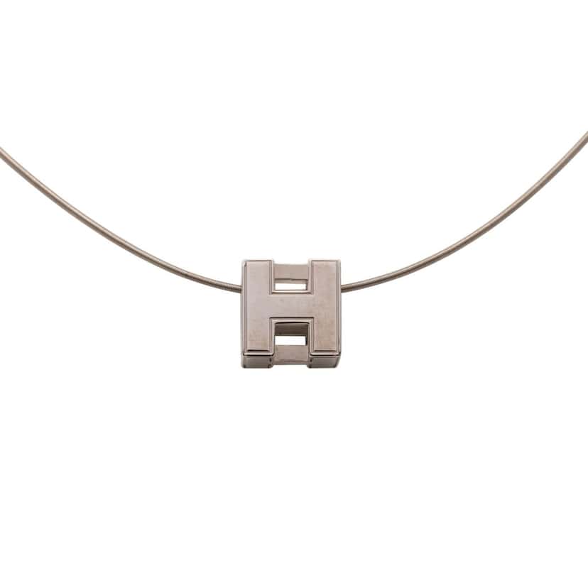 Hermès Palladium Plated Enamel Cage dH Cube Necklace Silver Metal Very good condition - Front View
