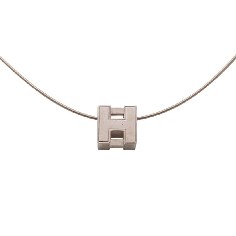 Hermès Palladium Plated Enamel Cage dH Cube Necklace Silver Metal Very good condition - Back View