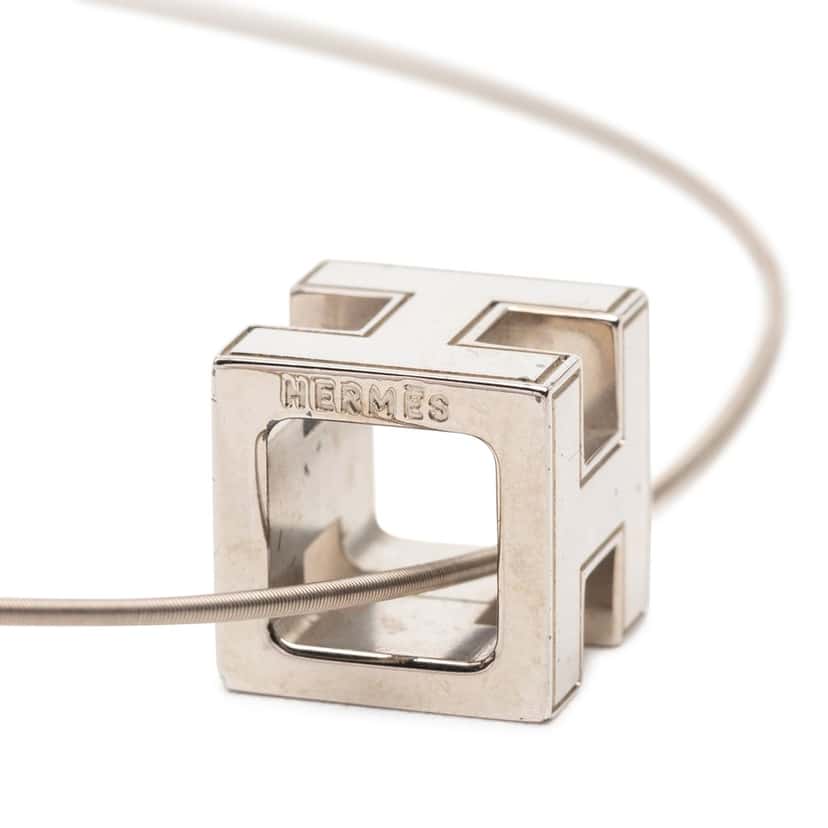 Hermès Palladium Plated Enamel Cage dH Cube Necklace Silver Metal Very good condition - Inside View