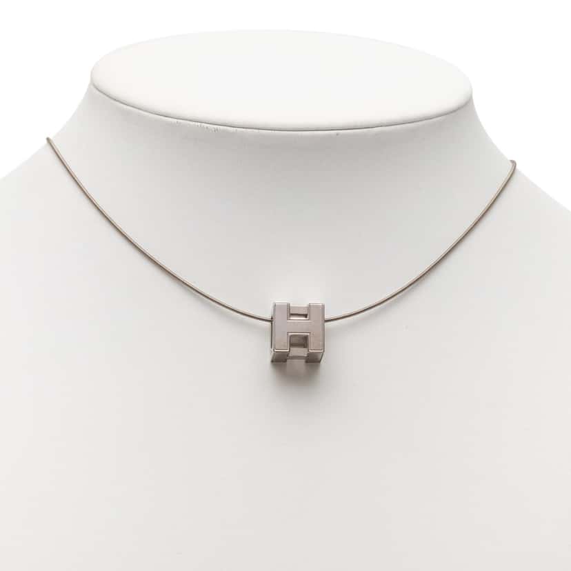 Hermès Palladium Plated Enamel Cage dH Cube Necklace Silver Metal Very good condition - Box View