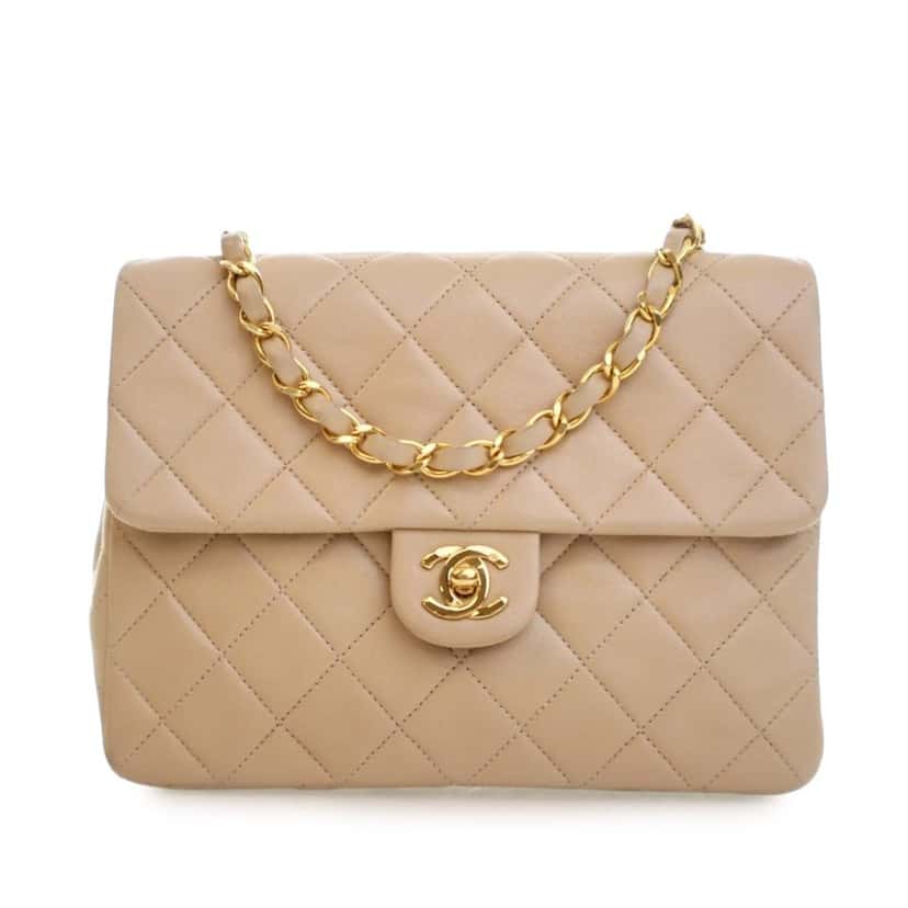 Chanel Small Square Quilted Lambskin Flap Beige Leather Very good condition - Front View