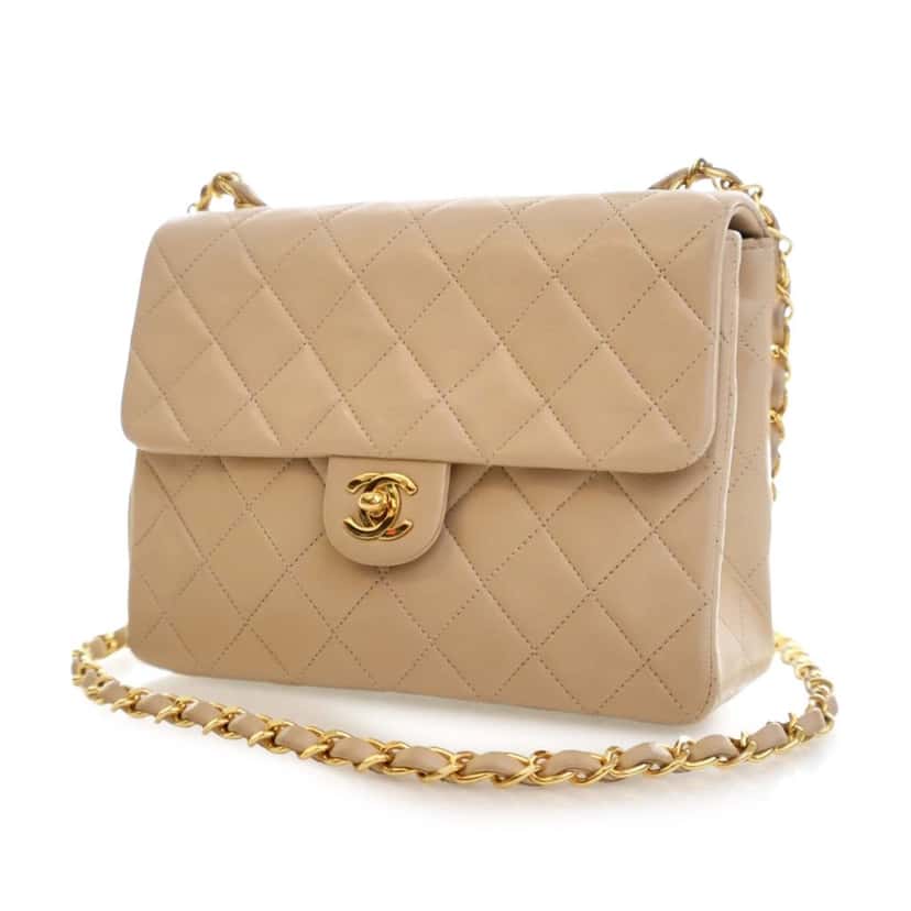 Chanel Small Square Quilted Lambskin Flap Beige Leather Very good condition - Back View
