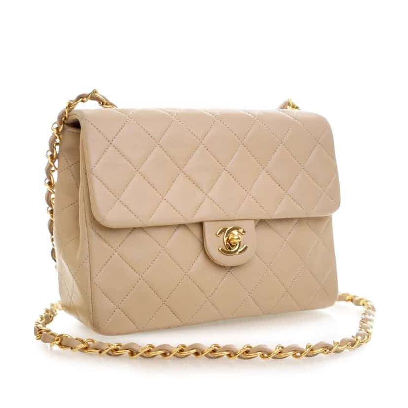 Chanel Small Square Quilted Lambskin Flap Beige Leather Very good condition - Inside View