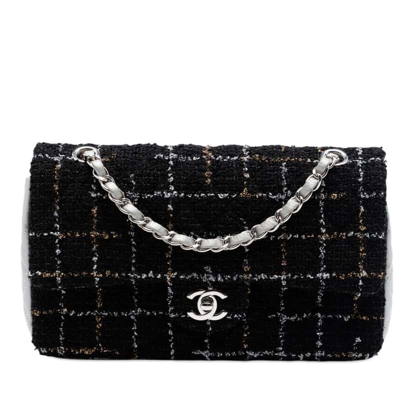 Chanel Medium Classic Quilted Tweed and Metallic Lambskin Double Flap Black Good condition - Front View