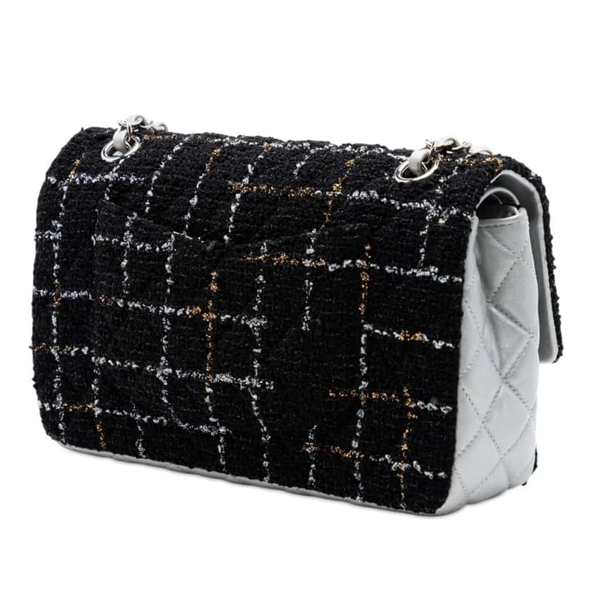 Chanel Medium Classic Quilted Tweed and Metallic Lambskin Double Flap Black Good condition - Back View