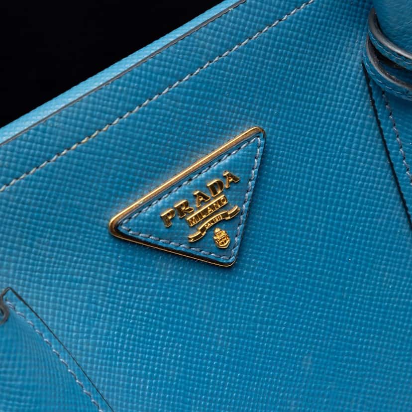 Prada Large Saffiano Cuir Double Satchel Blue Leather Very good condition - Box View