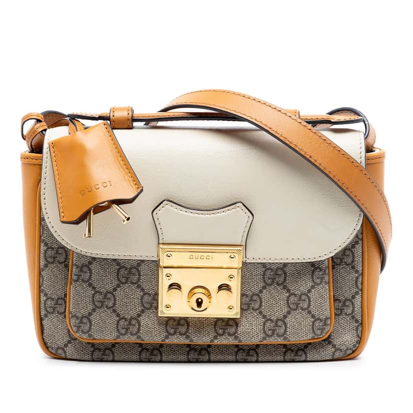 Gucci Mini GG Supreme and Calfskin Padlock Flap Pocket Satchel Brown Very good condition - Front View