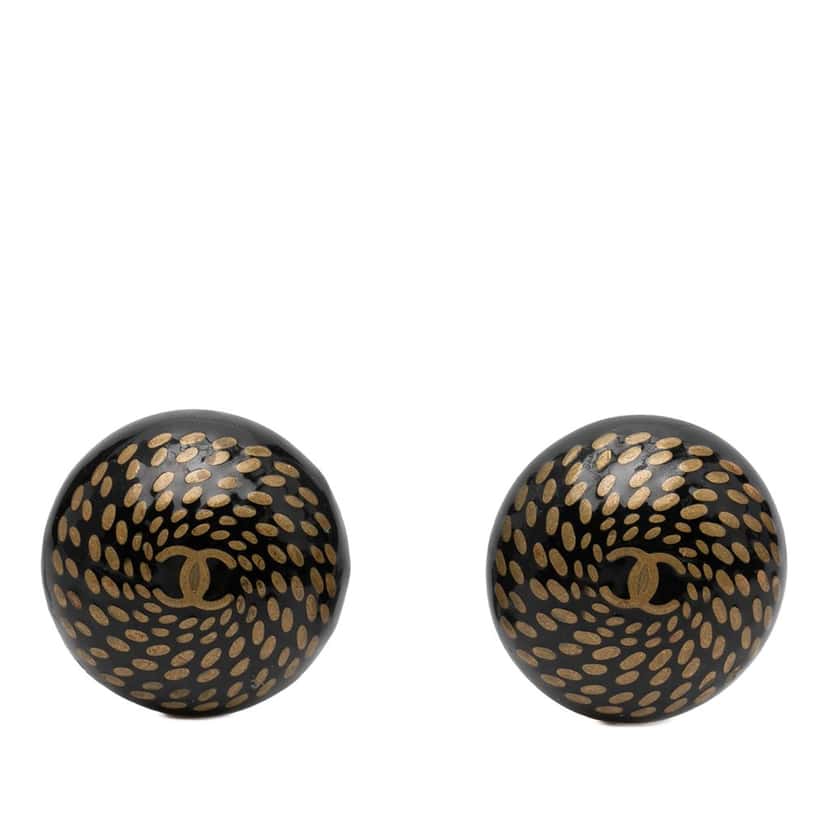 Chanel CC Resin and Gold Plated Button Clip On Earrings Black Plastic Very good condition - Front View