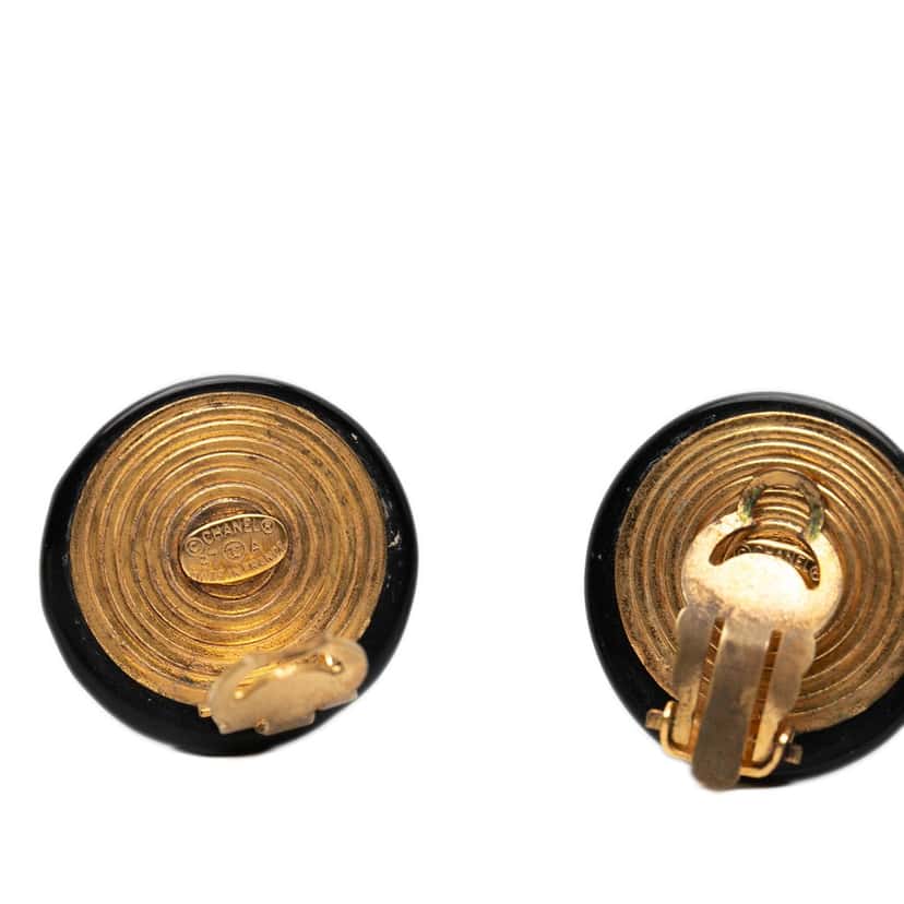 Chanel CC Resin and Gold Plated Button Clip On Earrings Black Plastic Very good condition - Inside View