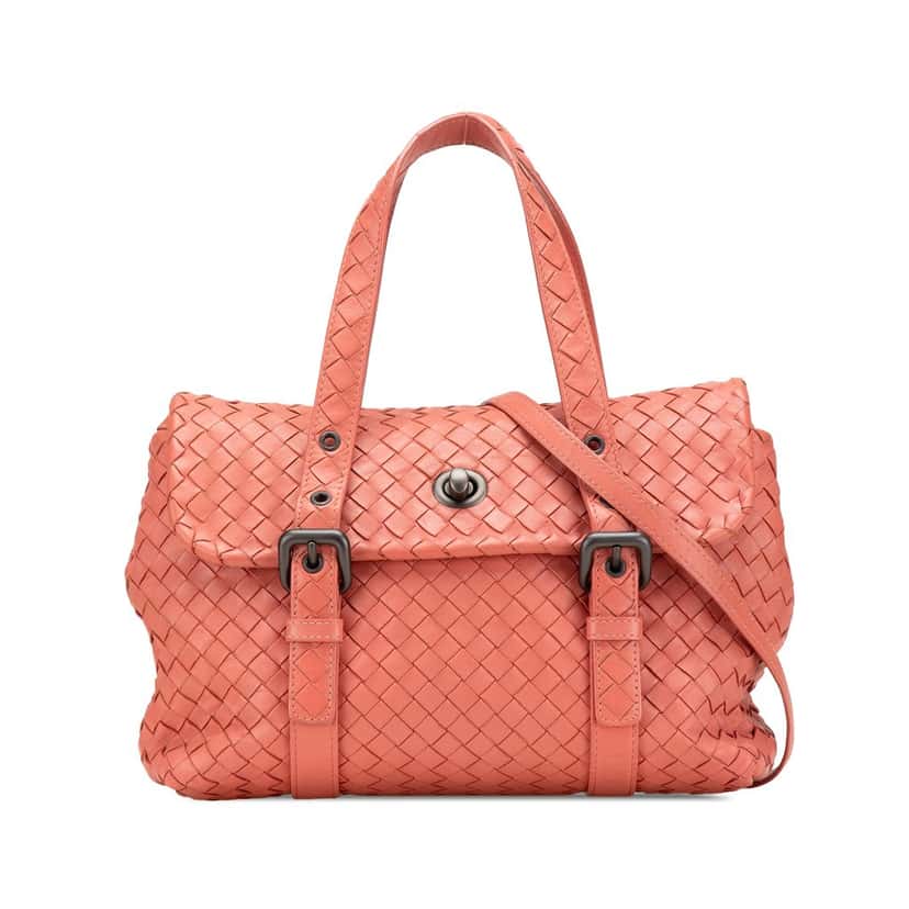 Bottega Veneta Leather Intrecciato Flap Satchel Orange Leather Very good condition - Front View