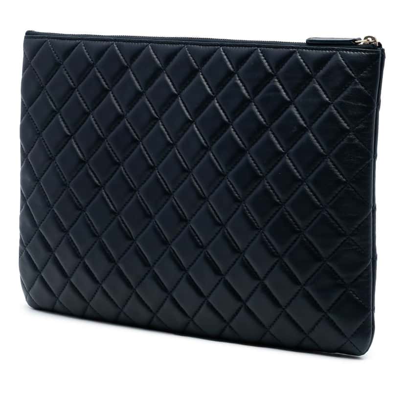 Chanel Large Quilted Lambskin O Case Clutch Blue Leather Very good condition - Back View