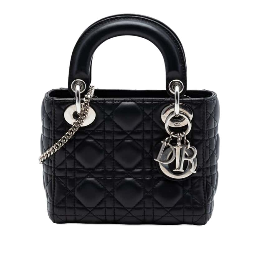 Dior Mini Lambskin Cannage Lady Dior Black Leather Very good condition - Front View