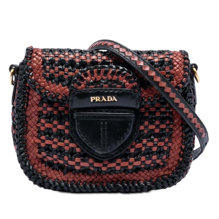 Prada Bicolor Woven Goatskin Madras Crossbody Black Leather Very good condition - Front View